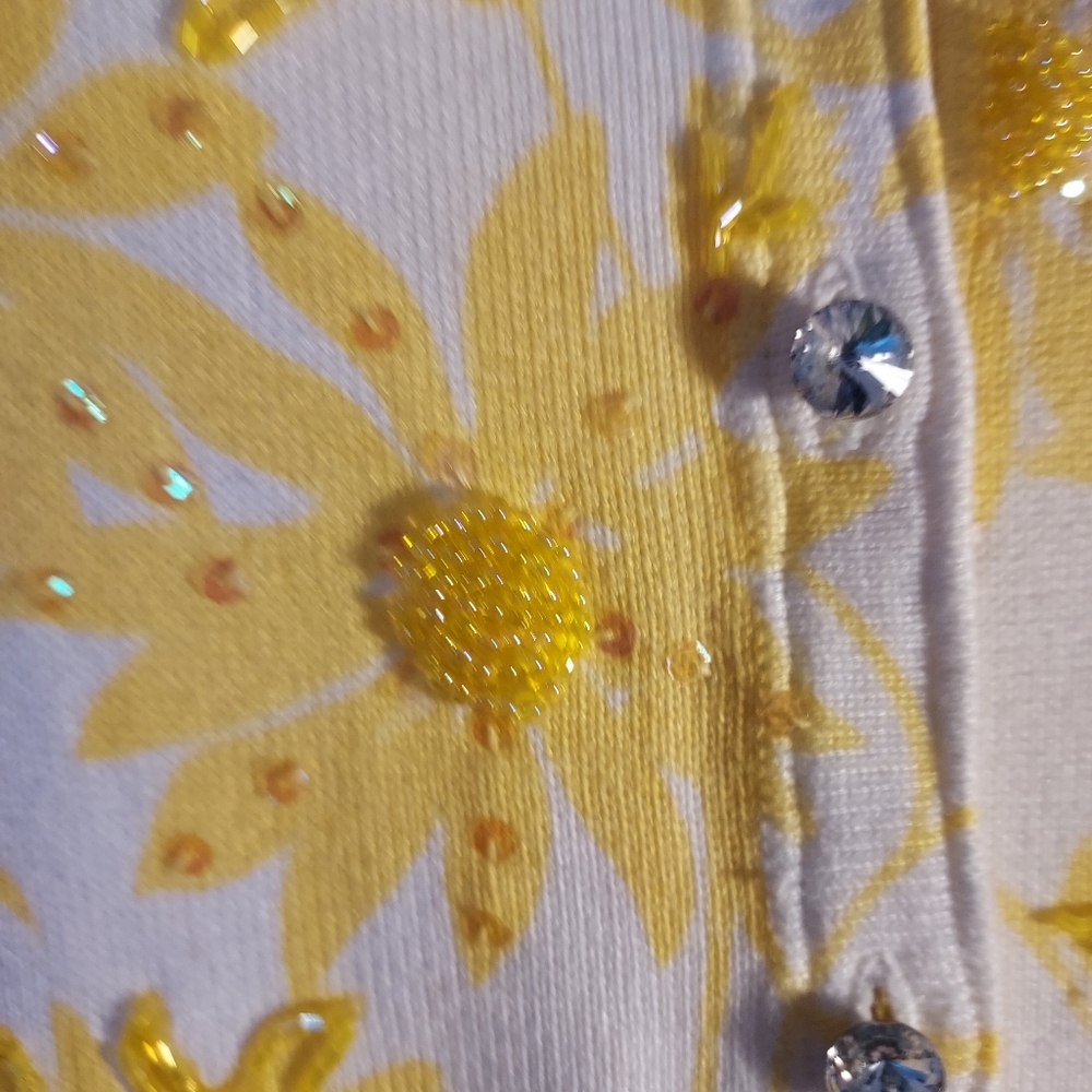 Beaded & Embroidered Yellow Flowered Cardigan Sweater By Just B. Sz. L. - Picture 5 of 13